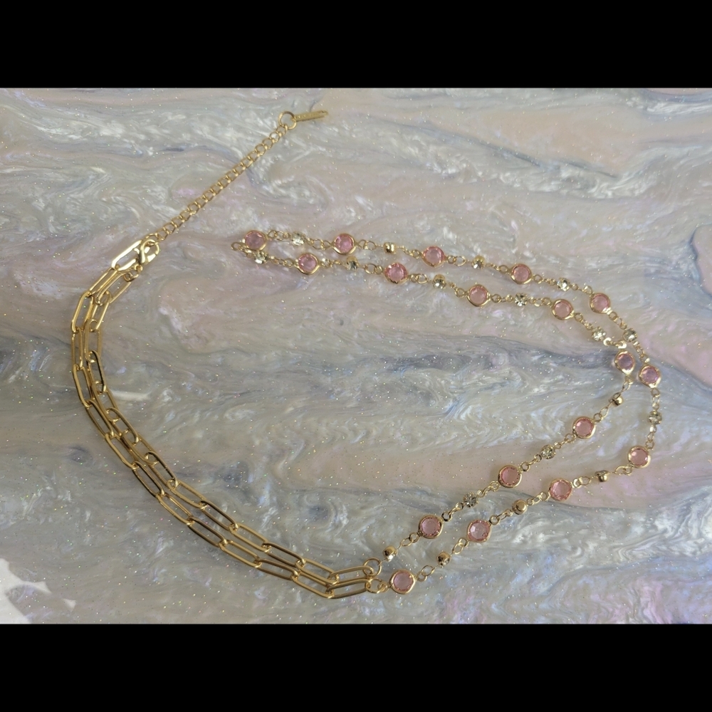 Pink Crystal Waist Chain • Gold Paperclip Chain • Adjustable Belly Chain 26"-34"